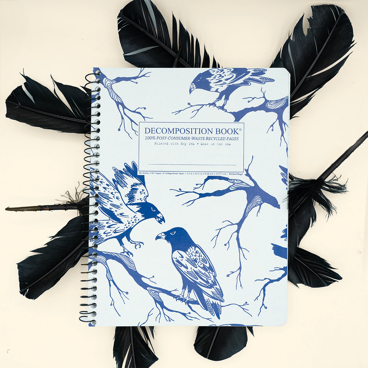 bird print against a backdrop with feathers