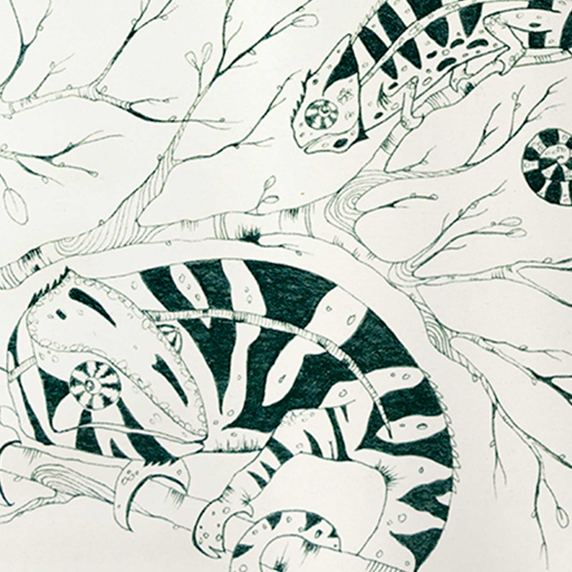 Closeup of chameleons printed in green